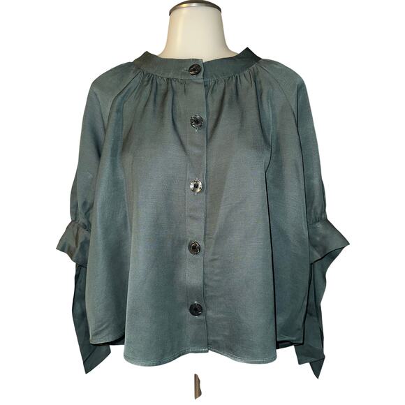 Zara Womens Linen Blend Top Blouse Size Small Button up Green Short Sleeve - Picture 1 of 6